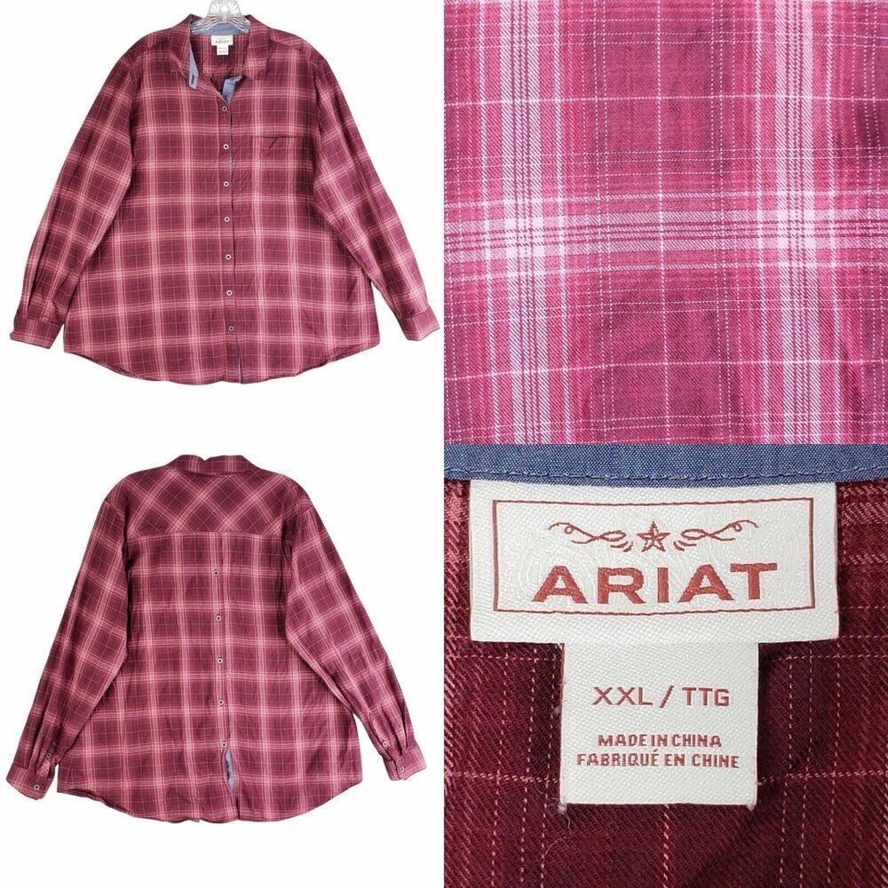 Ariat Shirt Mens Size XXL Button Down Red Plaid Long Sleeve Canvas